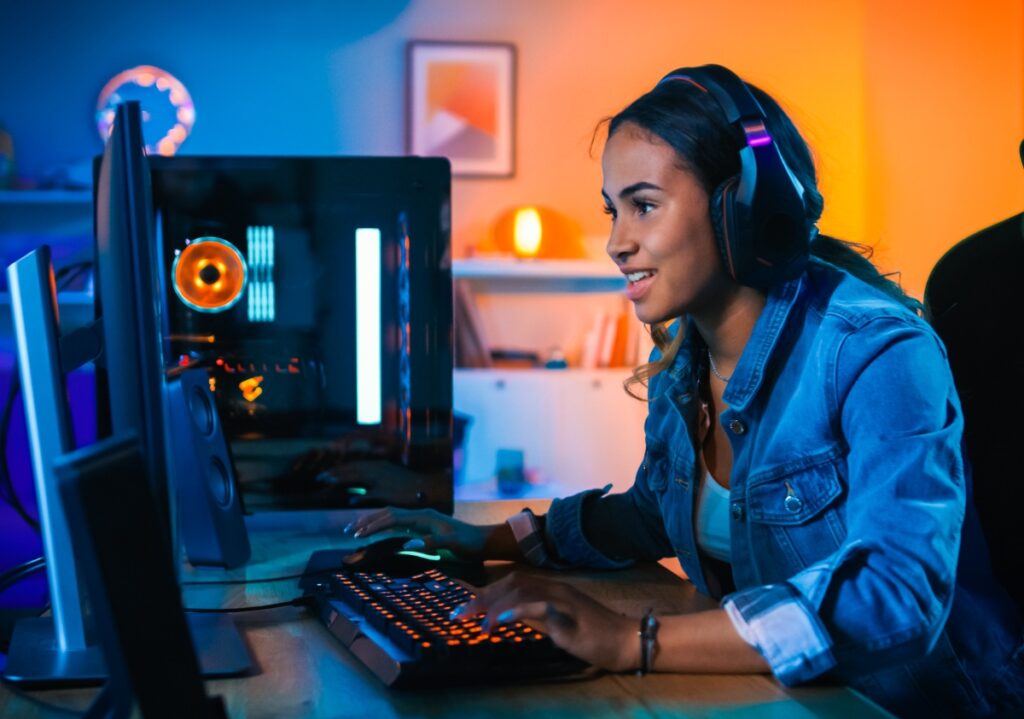 Multicultural woman engaging with in-game advertising while playing video games