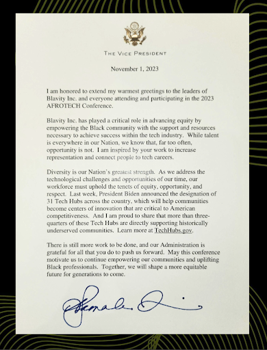 A letter from Vice President Kamala Harris acknowledging the impact of AfroTech